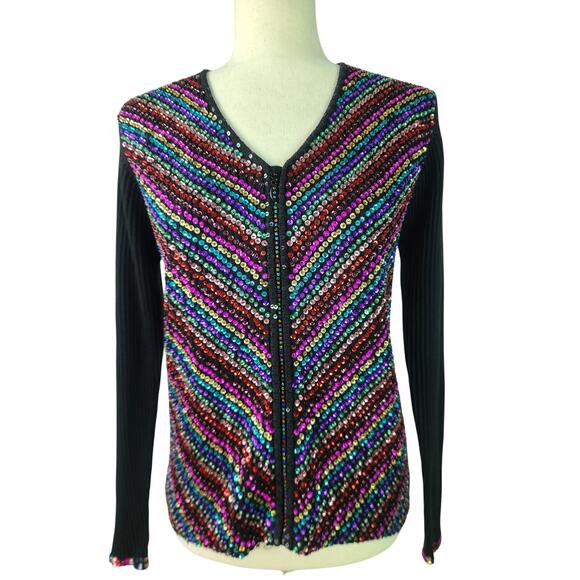 Berek Black Red Blue Sequin Embellished Bling Rib Knit Zip Up Sweater Medium - Picture 1 of 5